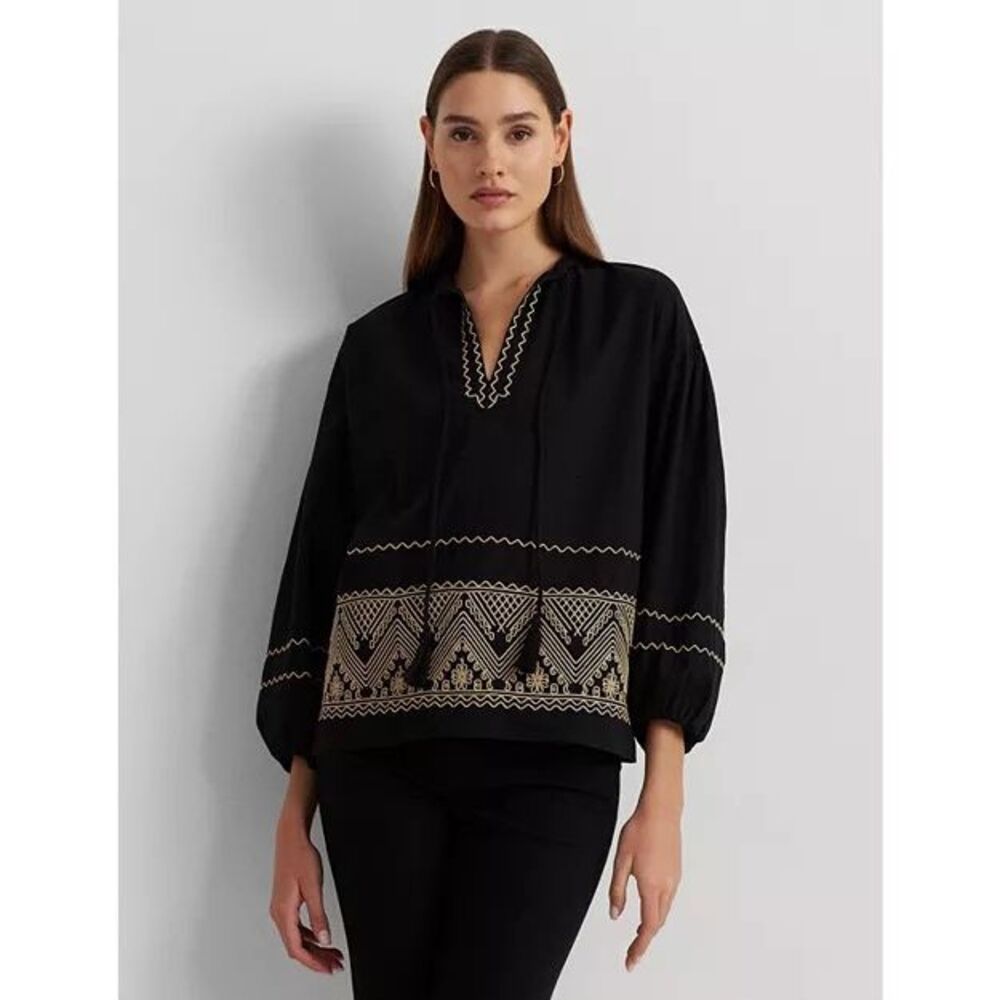 Lauren Ralph Lauren Embroidered Cotton Tassel Top Blouse New Medium
